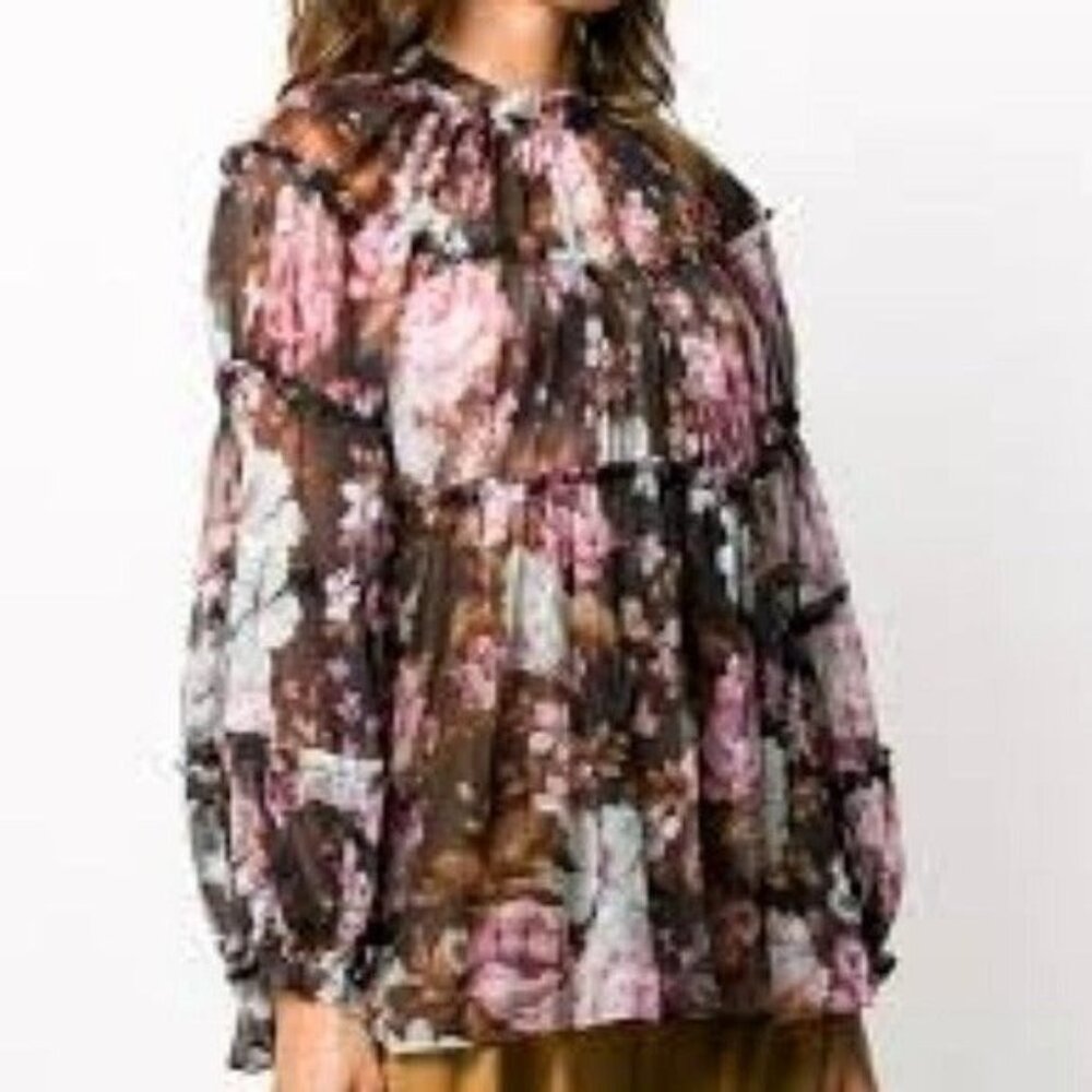 NWT O.P.T Charm Floral-print Ruffled Detailed Long Sleeve Blouse Size S